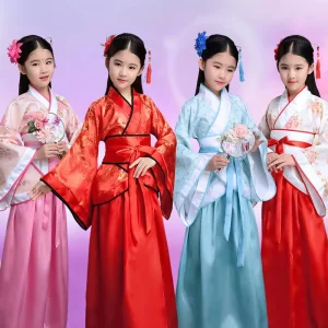Chinese Silk Robe Costume for Girls and Children Kimono Traditional Vintage Ethnic Chorus Dance Hanfu Costume