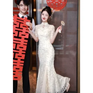 Chinese Style Cheongsam Toast Dress Bride Engagement Fishtail Skirt for Wedding Day
