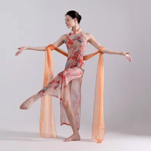 Chinese Style Flowing Silk Performance Long Skirt High Slit Classical Dance Sleeveless Cheongsam