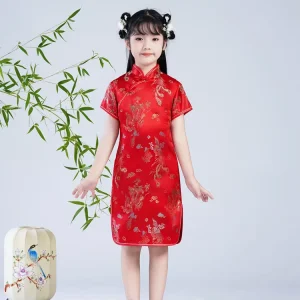 Chinese Style Girls’ Cheongsam Retro Button Up Stand Collar Brocade Summer Dress Older Children Stage Performance Costume