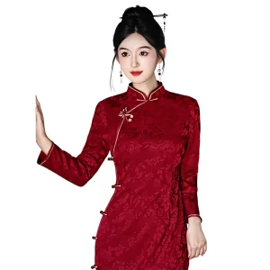 Chinese Traditional Retro Qipao Dress Toasting Outfit Bride Spring Autumn Red Color Wedding Engagement Long Sleeve Cheongsam
