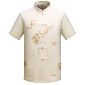 Chinese Traditional Tang Suit Mandarin Collar Kung Fu Wing Chun Garment Short Sleeve Embroidered Dragon Shirt Men’s