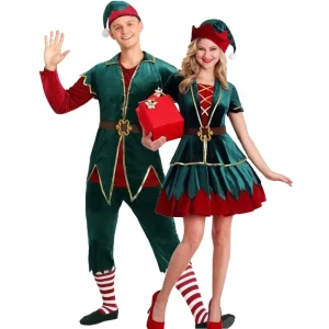 Christmas Clown Costume Green Male Female Couple Stage Costume Set for Parties