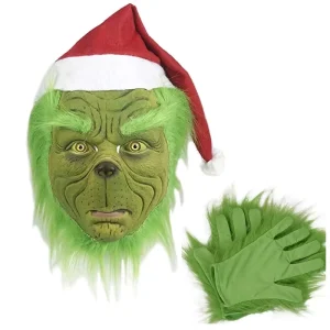 Christmas Green Monster Latex Mask Adult Furry Costume Accessories Red Hat Cosplay Full Overhead Halloween Party Mask