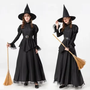 Classic Black Witch Costume Set for Adults Includes Hat Dress & Broom Halloween Party Gothic Robe Outfit
