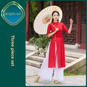 Classical Ethnic Dance Cheongsam Performance Outfit Women’s Spandex 3-Piece Set