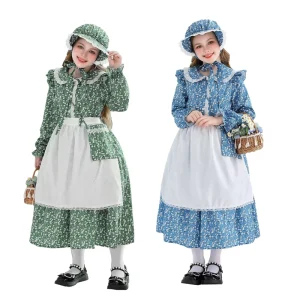 Colonial Girl’s Kids Dress Prairie Pioneer Costume European Manor Pastoral Maid Dress