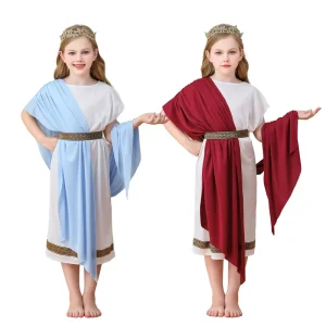 Cosplay Children Greek Mythology Costume in White Red Roman Toga for Carnival Performance Long Robe Dress