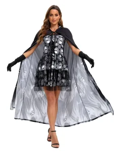 Costume Women Skeleton Dress Sheer Hooded Cape Stage Performance Wear Theater Event Outfit