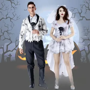 Couple Vampire Ghost Bride and Groom Costumes for Women and Men Halloween Masquerade Cosplay