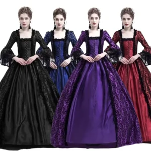 Court Dress with Lace Overlays Floor-Length Skirt Retro Medieval Renaissance Gown