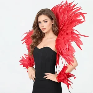Crimson Red Feather Capelet With Sleeves Gothic Burlesque Costume Accessory