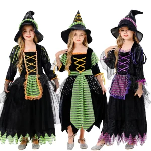 Cross border Halloween Cosplay Witch Costume for Girls Children’s Fairy Tale Party Dress Performance Outfit Polyester