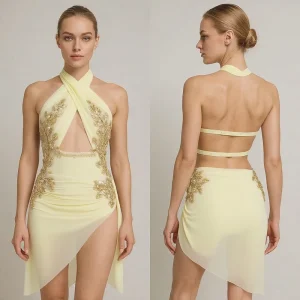 Custom Beige Dance Performance Costume with Gold Sequin Embellishments for Girls Stage Competition and Professional Wear