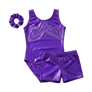 Custom Design Sleeveless Leotard Gymnastics Dance Skating Shiny Rhinestone Shorts Metallic Set Performance Costume
