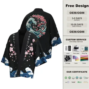 Custom Front-Logo Anime-Print 100% Polyester Lightweight Breathable Haori Yukata Robe
