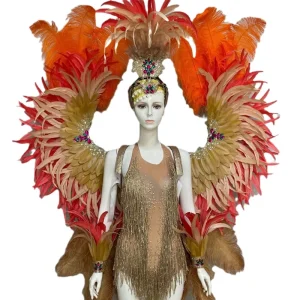 Custom Made Brazilian Carnival Orange Feather Samba Wings and Headdress for Parade Dance Costume