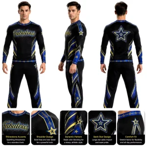 Custom Men’s Cheerleading Uniform Rhinestone Long Sleeve All Star Competition Suit Male Cheerleader Outfit Royal Blue Black Star