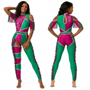 Custom Metallic Fabric Majorette Dance Uniforms with Long Fringe Sequin Spandex Stage Performance Wear Competition Outfits