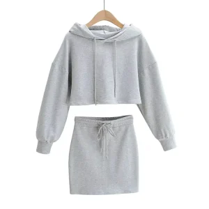 Custom Street Wear Short Skirt Lady Sexy Slim Fit Screen Print Street Wear French Terry Crop Shorts Gray 2 Pieces Set Hoodie