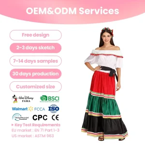 Custom Women’s Mexican Folk Costume Cotton and Silk Pom Pom Trim Black Sash Cultural Parade Party Costume