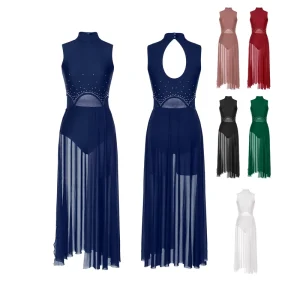 Custom Womens Rhinestone Mesh Sleeveless Stage Performance Costume Contemporary Lyrical Dance Dress