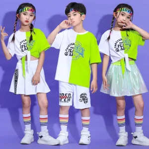Custom Youth Unisex Colorblock T Shirt Skirt Shorts Knee High Socks Headband Team Performance Cheerleading Uniform Set
