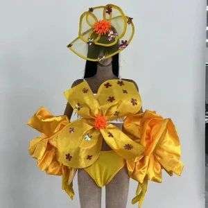 Customizable Flower Themed Dance Costume Yellow Floral Performance Set for Nightclub & Parties