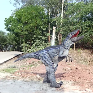 Customized Life Size Blue Metal Velociraptor Dinosaur Costume Indoor Outdoor Use for Public Playhouse and Adventure Park
