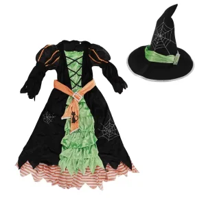 Cute Witch Princess Costume for Girls Green Halloween Party Themed Dress Hat Customizable Game Costumes for Children