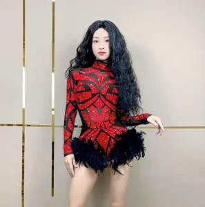 Dance Costume Rhinestones Long Sleeves Feather Bar Party and Stage Performance Evening Dress