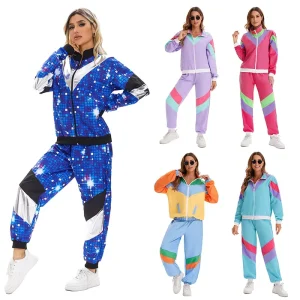 Dance Stage Performance Halloween Costume 80s Retro Disco Suit Cosplay Unisex Sports 2 Piece Set