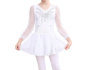 Dance White Ballet Dress Long Sleeve Rhinestone Dance Leotard Tutu Skirt Kids Ballet Dancewear Costume Leotards