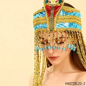 Decorative Tiara with Gold Tassels and Blue Beadwork for Role-play and Cosplay