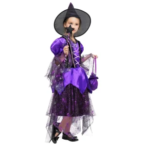 Deluxe Girls Halloween Fairy Tale Witch Costume Set Customizable Includes Dress Hat Bag for Children’s Carnival Games