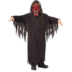 Demon Costume with Red Skull Devil Mask, Long Black Robe, and Mesh Hood