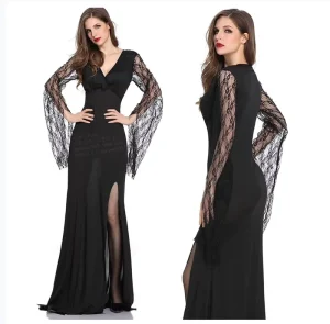 Demon Vampire Costume Dress Deep V Black Reaper Ghost Bride Costume