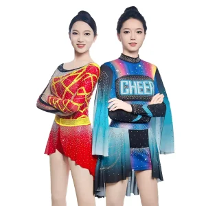 Design Your Own Cheerleading Uniform Girls Long Sleeves Rhinestones Red Jazz Costume Cheerleader Outfit