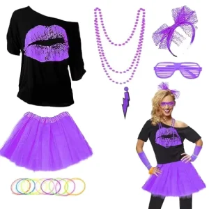 Ecoparty 80s Cosplay Anime Adult Costume Accessories Set Includes T Shirt Tutu Headband Earring for Halloween Party