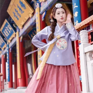 Ecowalson New Korean Hanbok Women’s Adult Red Green Ethnic Dance Performance Costume Polyester Sand Wash Crepe