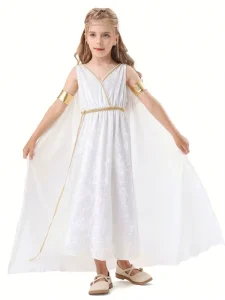 Egyptian Goddess Greek Mythology Costume Dress with Cape, Long White Polyester Skirt