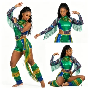 Elastic Majorette Dance Uniforms with Metallic Fringe Sequin Stage Performance Wear Professional Team Outfits