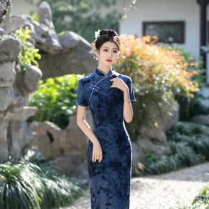 Elegant Plus Size Dark Blue Long Qipao Cheongsam Women Traditional Chinese Dress Floral Design Slim Fit All Season Flocking