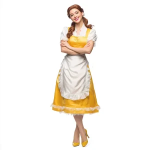 Elegant Yellow Maid Dress with White Ruffle Apron Puff Sleeve Retro Maid Costume for Women Carnival Stage Performance