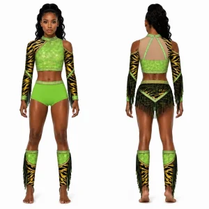 Elite Tiger Print Majorette Dance Uniform Neon Green Fringe Performance Costume HBCU Danceline Competitive Cheerleading Set