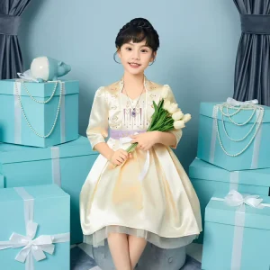Embroidered Detail Satin Fabric Girls’ Princess Traditional Dress for Christmas Festivals, Customizable