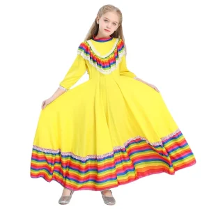 Ethnic Dance Costume Rainbow Stripe Mexican Girls’ Big Swing Dress