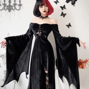 European American Dark Gothic Halloween Cat Witch Long Dress Vampire Grim Reaper Black Polyester Gown for Women