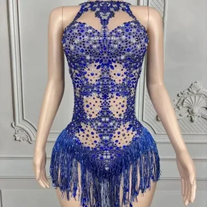 European American Music Festival Performance Costumes Blue Sparkle Shu High Slit Jumpsuits Appliques A Line Bar Dancers’ Natural