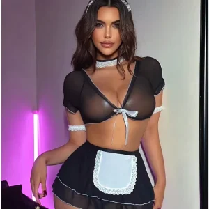 European American Solid Color Mesh Lace Up Maid Costume Role Playing Lingerie Set with Half Slips ODM